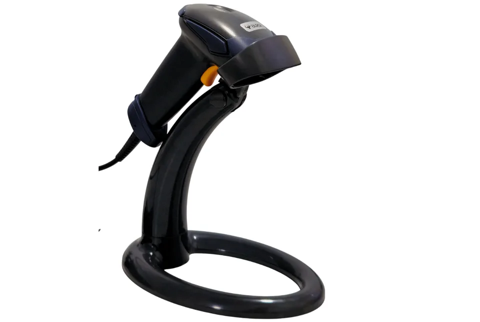 AUROK BR1000 1D wired barcode scanner with stand promotional view