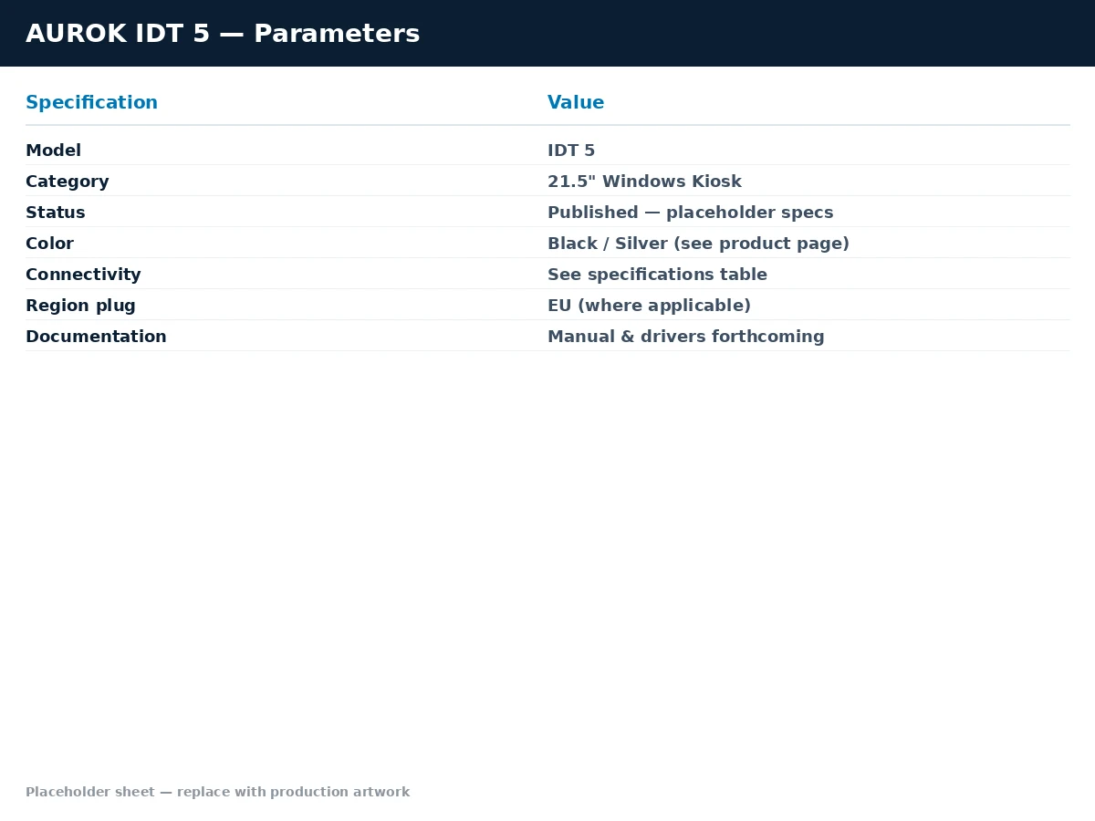 AUROK IDT5 detailed parameters sheet with technical specifications